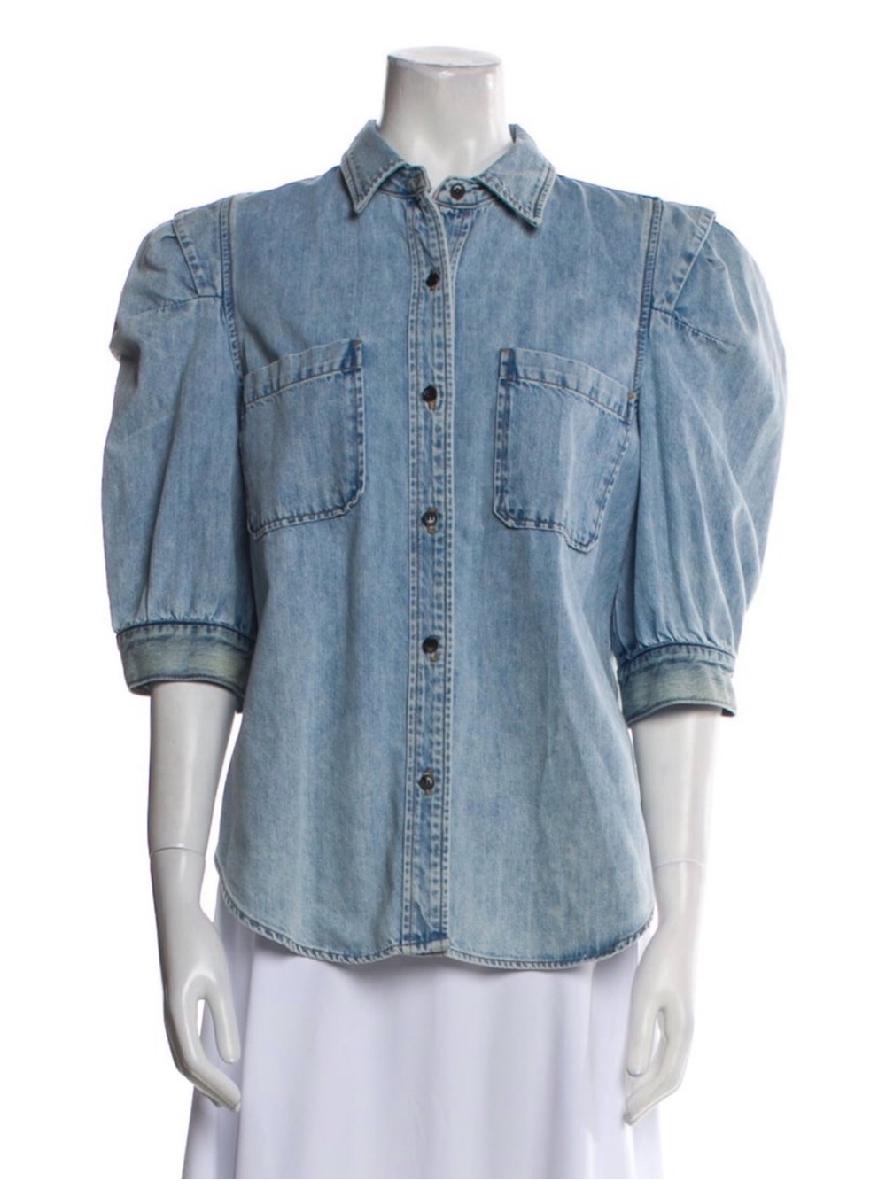Frame Light Wash Denim Button-Up Shirt with Puff Sleeves